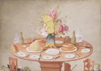 PD.869-1973 Natureza morta com um vaso de flores sobre uma mesa preparada para uma refeição, c.1810 (wc e guache)